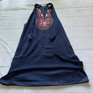 THML Roonie Boho Embroidered Tassel halter neck Blue MIDI Shift dress Sz…